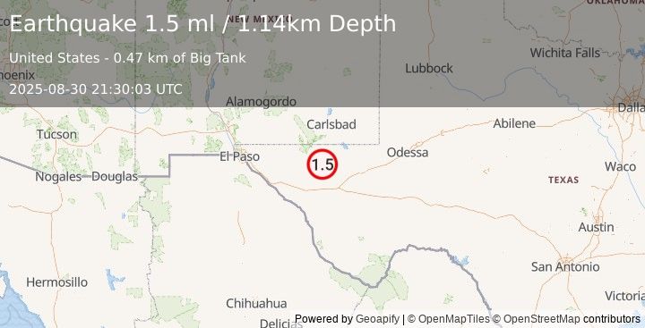 Earthquake 64 km S of Whites City, New Mexico (1.5 ml) (2025-08-30 21:30:03 UTC)