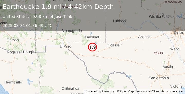 Earthquake 55 km W of Mentone, Texas (1.9 ml) (2025-08-31 01:36:49 UTC)