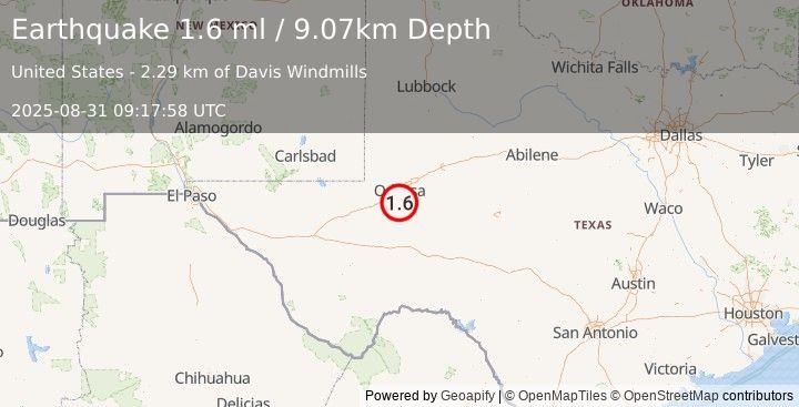 Earthquake 24 km S of Odessa, Texas (1.6 ml) (2025-08-31 09:17:58 UTC)