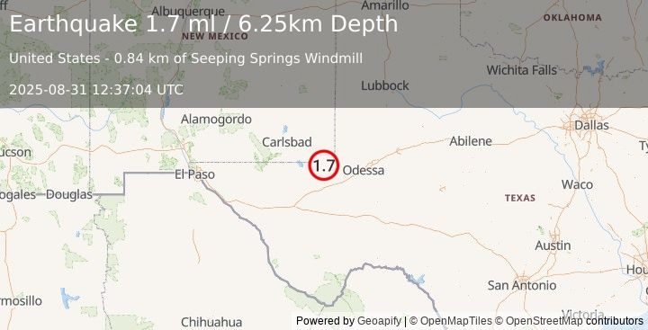 Earthquake 22 km SW of Jal, New Mexico (1.7 ml) (2025-08-31 12:37:04 UTC)