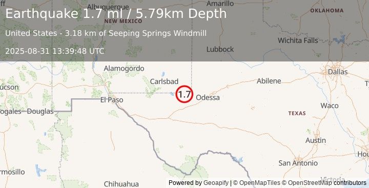 Earthquake 23 km SW of Jal, New Mexico (1.7 ml) (2025-08-31 13:39:48 UTC)