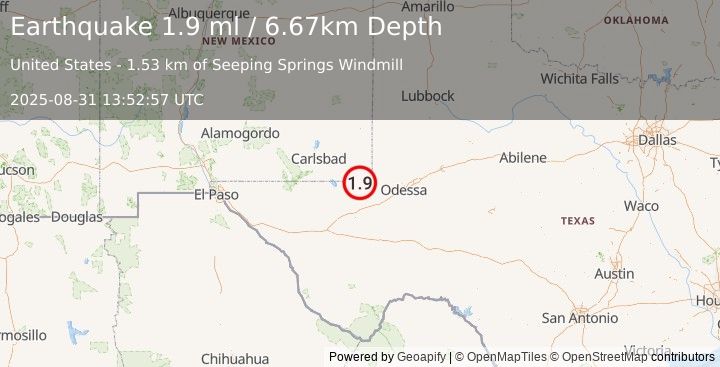 Earthquake 21 km SW of Jal, New Mexico (1.9 ml) (2025-08-31 13:52:57 UTC)