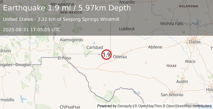 Earthquake 21 km SW of Jal, New Mexico (1.9 ml) (2025-08-31 17:05:05 UTC)