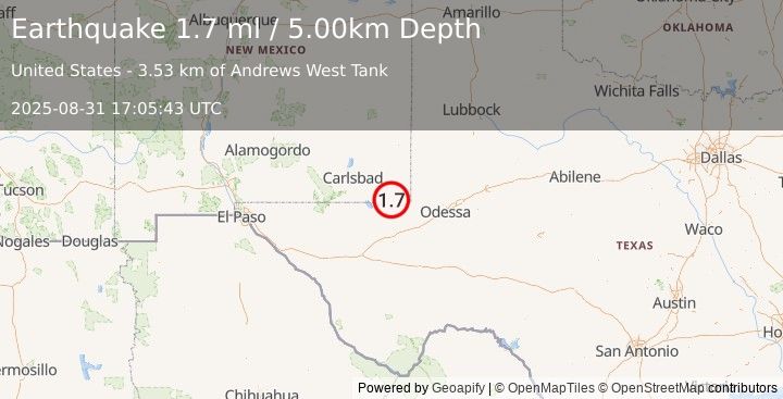 Earthquake 25 km WSW of Jal, New Mexico (1.7 ml) (2025-08-31 17:05:43 UTC)