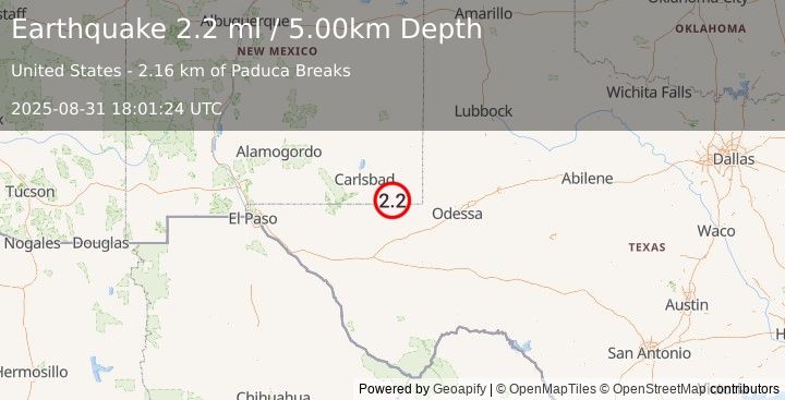 Earthquake 41 km N of Mentone, Texas (2.2 ml) (2025-08-31 18:01:24 UTC)