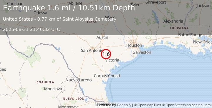 Earthquake 18 km ESE of Smiley, Texas (1.6 ml) (2025-08-31 21:46:32 UTC)
