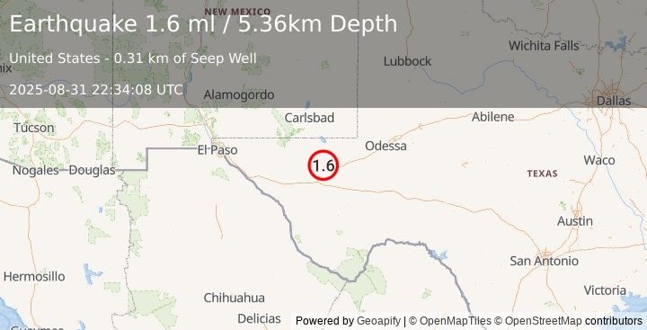 Earthquake 16 km NW of Toyah, Texas (1.6 ml) (2025-08-31 22:34:08 UTC)