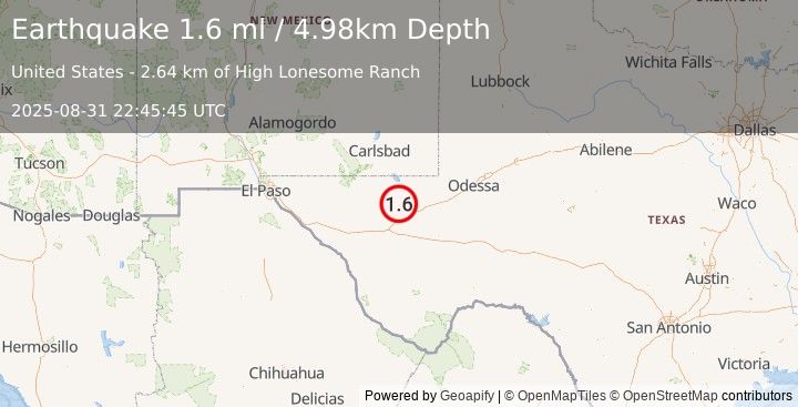 Earthquake 25 km NNW of Toyah, Texas (1.6 ml) (2025-08-31 22:45:45 UTC)