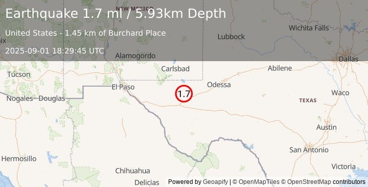 Earthquake 23 km NNW of Toyah, Texas (1.7 ml) (2025-09-01 18:29:45 UTC)