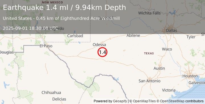 Earthquake 22 km ESE of Crane, Texas (1.4 ml) (2025-09-01 18:30:08 UTC)