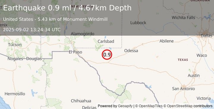 Earthquake 46 km NW of Toyah, Texas (0.9 ml) (2025-09-02 13:24:34 UTC)