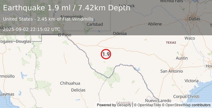 Earthquake 15 km N of Balmorhea, Texas (1.2 ml) (2025-09-02 22:15:13 UTC)