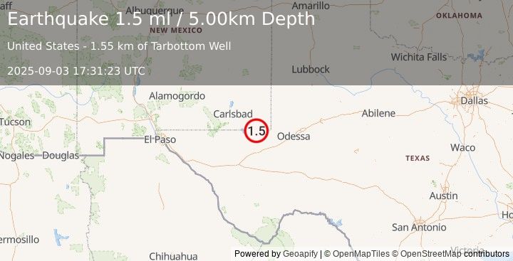 Earthquake 32 km NNE of Mentone, Texas (1.5 ml) (2025-09-03 17:31:23 UTC)