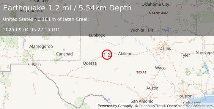 Earthquake 7 km WNW of Westbrook, Texas (1.2 ml) (2025-09-04 05:22:15 UTC)