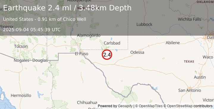 Earthquake 56 km SSW of Whites City, New Mexico (2.4 ml) (2025-09-04 05:45:39 UTC)