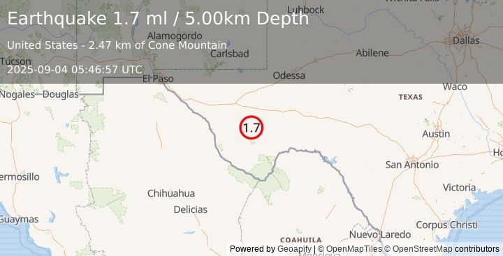 Earthquake 12 km ENE of Alpine, Texas (1.7 ml) (2025-09-04 05:46:57 UTC)