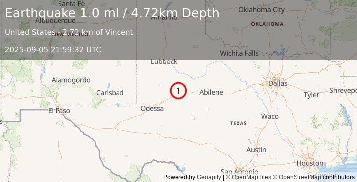 Earthquake 22 km NW of Westbrook, Texas (1.0 ml) (2025-09-05 21:59:32 UTC)