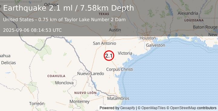 Earthquake 16 km W of Pawnee, Texas (2.1 ml) (2025-09-06 08:14:53 UTC)