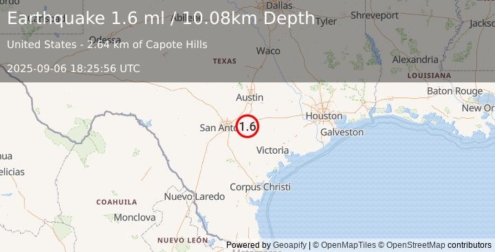Earthquake 18 km SE of Seguin, Texas (1.6 ml) (2025-09-06 18:25:56 UTC)