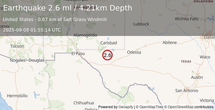 Earthquake 56 km S of Whites City, New Mexico (2.6 ml) (2025-09-08 01:55:14 UTC)