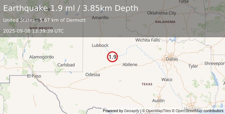 Earthquake 20 km NNW of Snyder, Texas (1.8 ml) (2025-09-08 13:39:40 UTC)