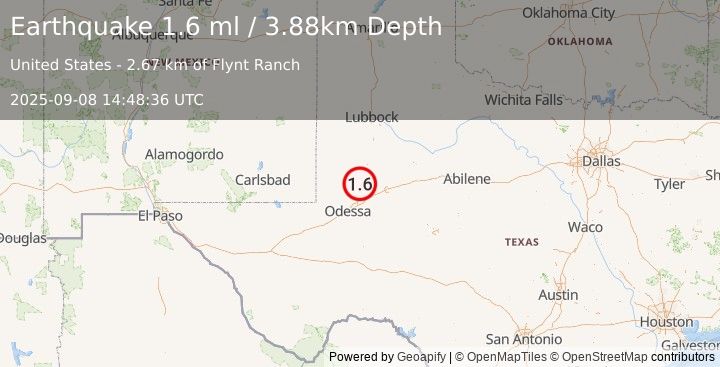 Earthquake 38 km NW of Stanton, Texas (1.6 ml) (2025-09-08 14:48:36 UTC)