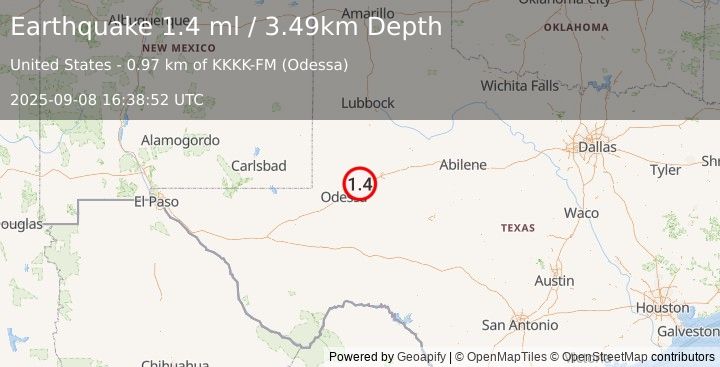 Earthquake 12 km NNE of Midland, Texas (1.4 ml) (2025-09-08 16:38:52 UTC)