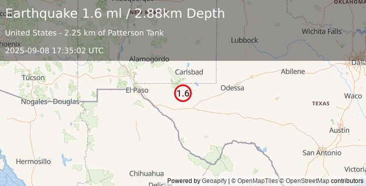 Earthquake 59 km SSW of Whites City, New Mexico (1.6 ml) (2025-09-08 17:35:02 UTC)