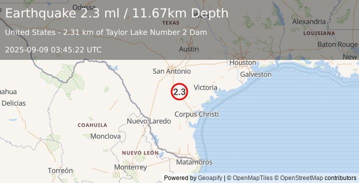 Earthquake 15 km W of Pawnee, Texas (2.3 ml) (2025-09-09 03:45:22 UTC)
