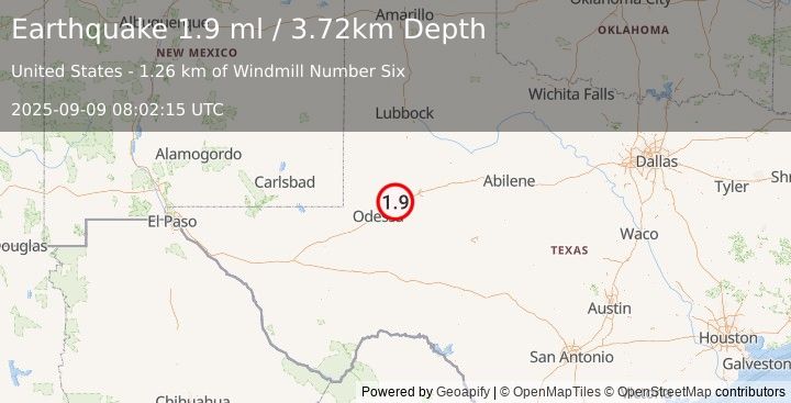 Earthquake 11 km NNE of Midland, Texas (1.9 ml) (2025-09-09 08:02:15 UTC)