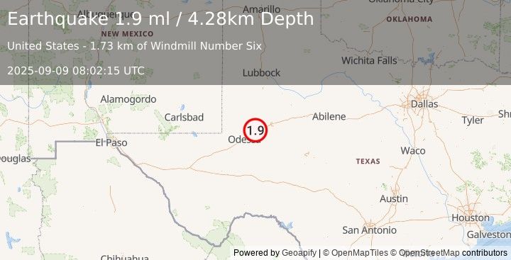 Earthquake 11 km NNE of Midland, Texas (1.9 ml) (2025-09-09 08:02:15 UTC)