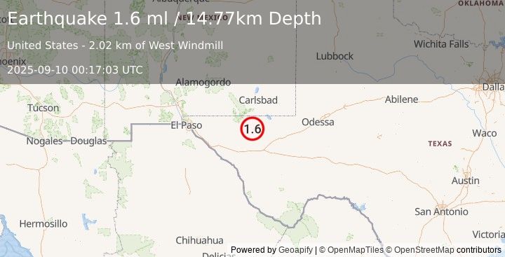Earthquake 56 km S of Whites City, New Mexico (1.6 ml) (2025-09-10 00:17:03 UTC)