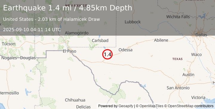 Earthquake 20 km SSW of Mentone, Texas (1.4 ml) (2025-09-10 04:11:14 UTC)