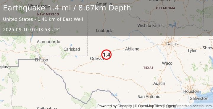 Earthquake 13 km ESE of Stanton, Texas (1.4 ml) (2025-09-10 07:03:53 UTC)