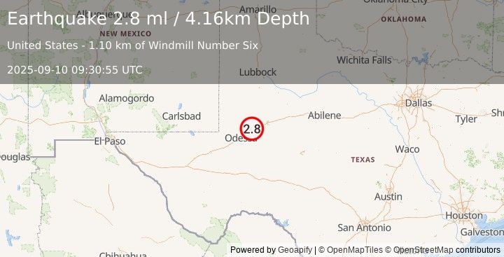 Earthquake 11 km NNE of Midland, Texas (2.8 ml) (2025-09-10 09:30:55 UTC)