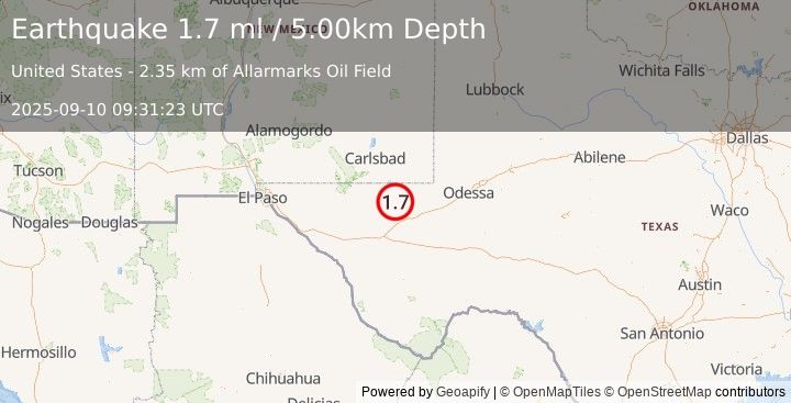 Earthquake 21 km W of Mentone, Texas (1.7 ml) (2025-09-10 09:31:23 UTC)