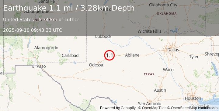 Earthquake 15 km NNW of Sand Springs, Texas (1.1 ml) (2025-09-10 09:43:33 UTC)