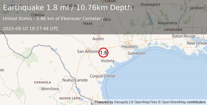 Earthquake 17 km WSW of Shiner, Texas (1.8 ml) (2025-09-10 18:27:44 UTC)