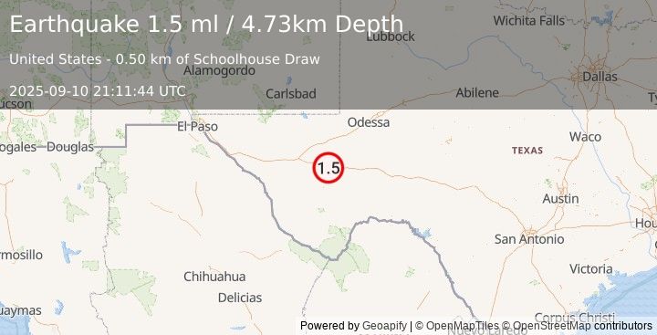 Earthquake 40 km ESE of Balmorhea, Texas (1.5 ml) (2025-09-10 21:11:44 UTC)