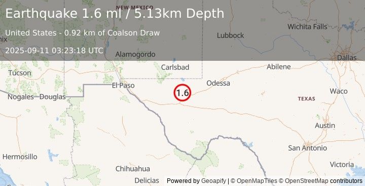 Earthquake 21 km NW of Toyah, Texas (1.6 ml) (2025-09-11 03:23:18 UTC)