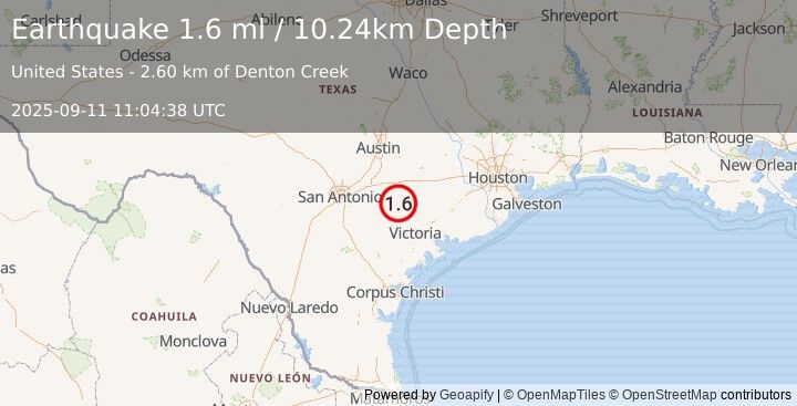 Earthquake 18 km W of Yoakum, Texas (1.6 ml) (2025-09-11 11:04:38 UTC)