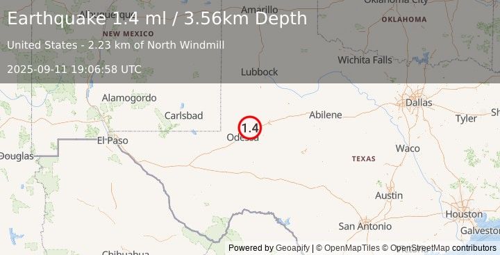 Earthquake 12 km NNW of Midland, Texas (1.4 ml) (2025-09-11 19:06:58 UTC)