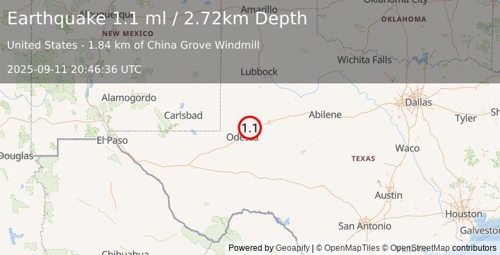 Earthquake 11 km NNW of Midland, Texas (1.1 ml) (2025-09-11 20:46:36 UTC)