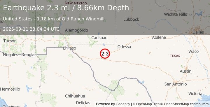 Earthquake 10 km NNW of Toyah, Texas (2.3 ml) (2025-09-11 23:04:34 UTC)