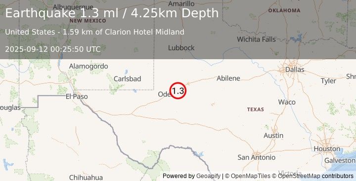 Earthquake 8 km ESE of Midland, Texas (1.3 ml) (2025-09-12 00:25:50 UTC)