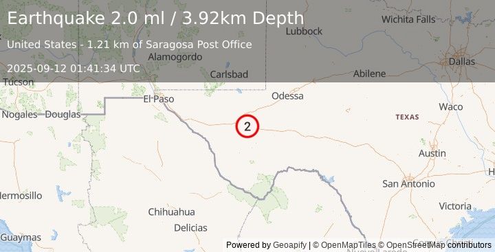 Earthquake 9 km ENE of Balmorhea, Texas (2.0 ml) (2025-09-12 01:41:34 UTC)