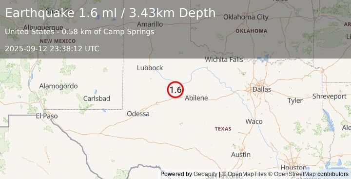 Earthquake 15 km NNE of Hermleigh, Texas (1.6 ml) (2025-09-12 23:38:12 UTC)