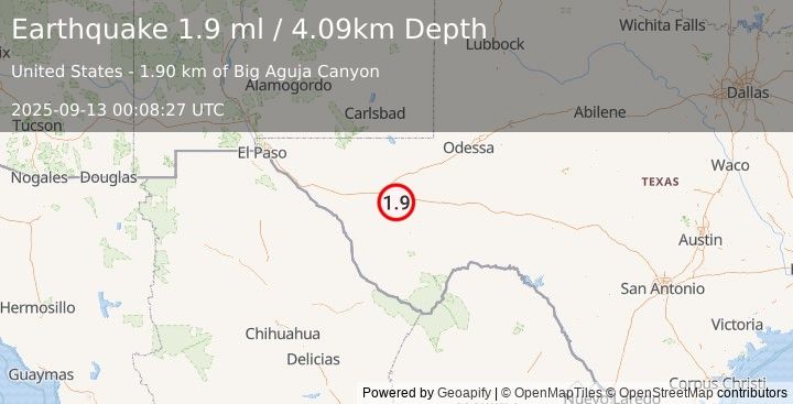 Earthquake 9 km SW of Balmorhea, Texas (1.9 ml) (2025-09-13 00:08:27 UTC)