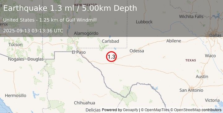 Earthquake 40 km WNW of Toyah, Texas (1.3 ml) (2025-09-13 03:13:36 UTC)