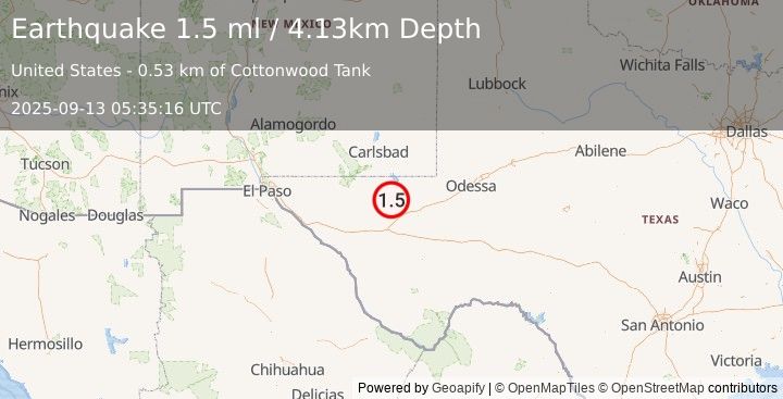 Earthquake 36 km NNW of Toyah, Texas (1.5 ml) (2025-09-13 05:35:16 UTC)